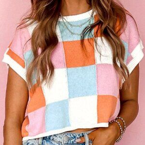 NWT Contrast Plaid Round Neck Crop Cap Sleeve Sweater